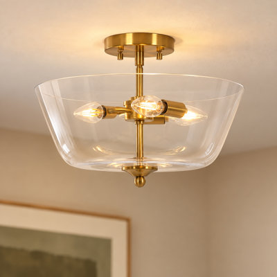3-Light Modern Clear Glass Semi-Flush Mount Ceiling Light in Warm Copper