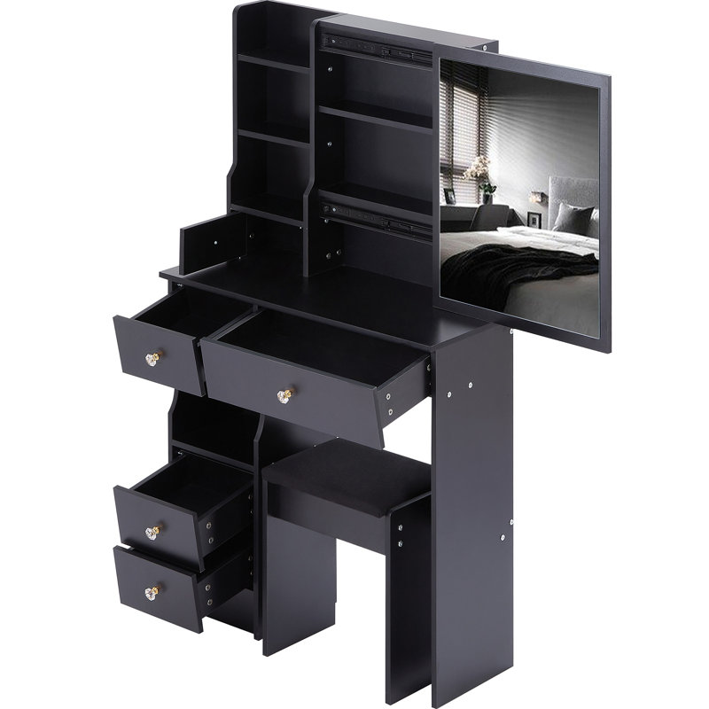Petit meuble-lavabo de 29,2 po avec tiroir à gauche et tabouret rembourré, très grand miroir coulissant à droite, rangement multicouche à grande capacité, commode pratique et pratique, convient aux petits espaces