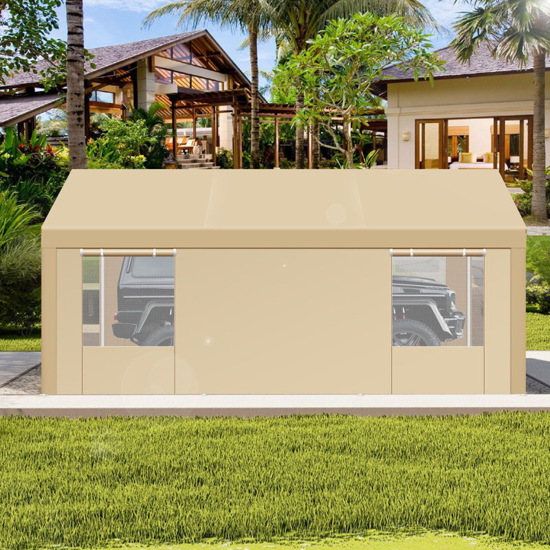 10'Wx20'D Heavy Duty Portable Garage, Upgraded Carport with Built-in Sandbags, Khaki