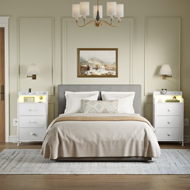 Nightstand With Outlets & LED Lights, End Table With3 Drawers & 2-Tier Open Shelf, Bedside Table For Bedroom, White