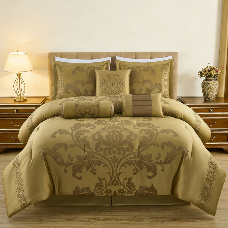 Royale Jacquard Floral 7 Piece Comforter Set, Full Comforter + 6 Additional Pieces, Gold