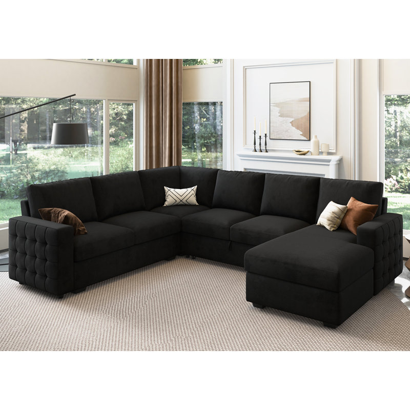 Chasidi U-Shaped Sectional Sofa Bed Pull Out Sleeper Couch With Storage Chaise, Black Velvet