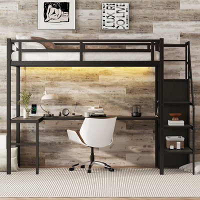 Loft Bed with L-shaped Desk and USB, Metal Loft Bed with Wardrobe and Adjustable Shelf, High Loft Bed with LED for Kids Teens Adults by Isabelle & Max