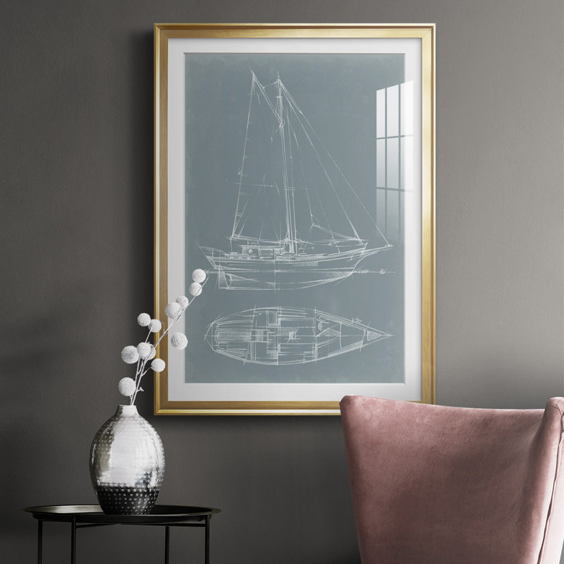 Yacht Sketches III, reproduction d'art encadrée, Encadrement doré, H 42,5 po x l 30,5 po x P 1 po