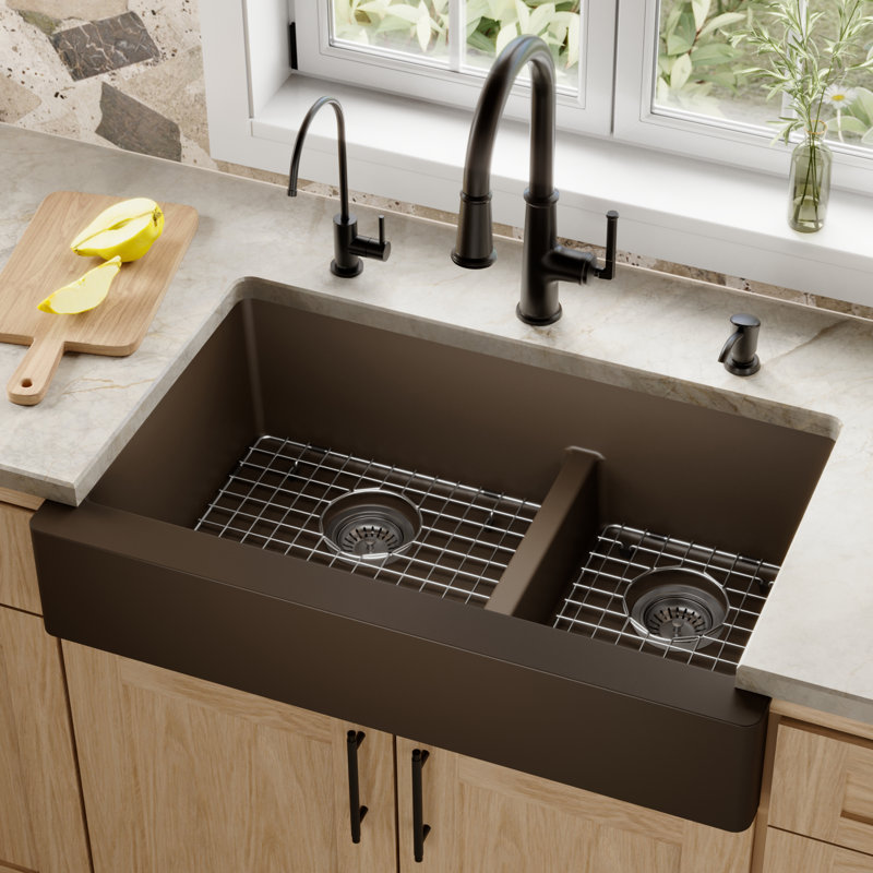 Karran Quartz 34'' X 21-1/4'' Double Bowl 60/40 Retrofit Farmhouse/Apron Front Kitchen Sink Kit, Brown