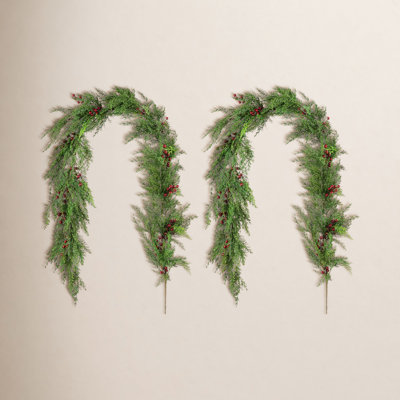 2-Piece 6Ft Christmas Greenery PE Dripping Cedar Garland With Red Berries