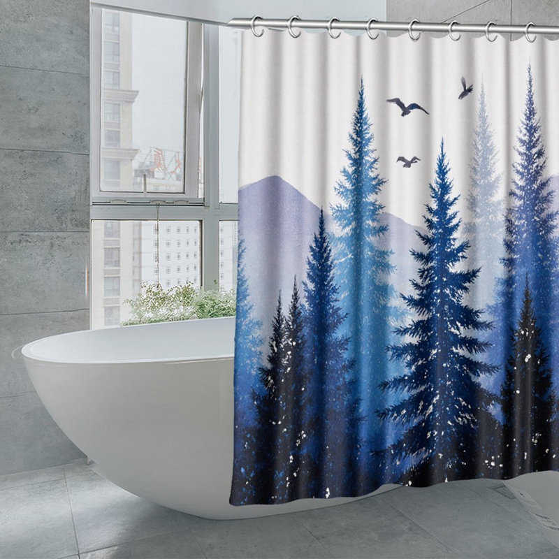 Rideaux de douche Misty Forest, Bleu / blanc arbres de forêt brumeux