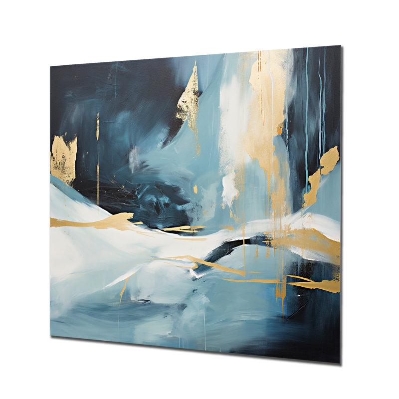 «Gold and Blue Abstract Expression 4», art mural abstrait en métal, H 16 po x l 16 po
