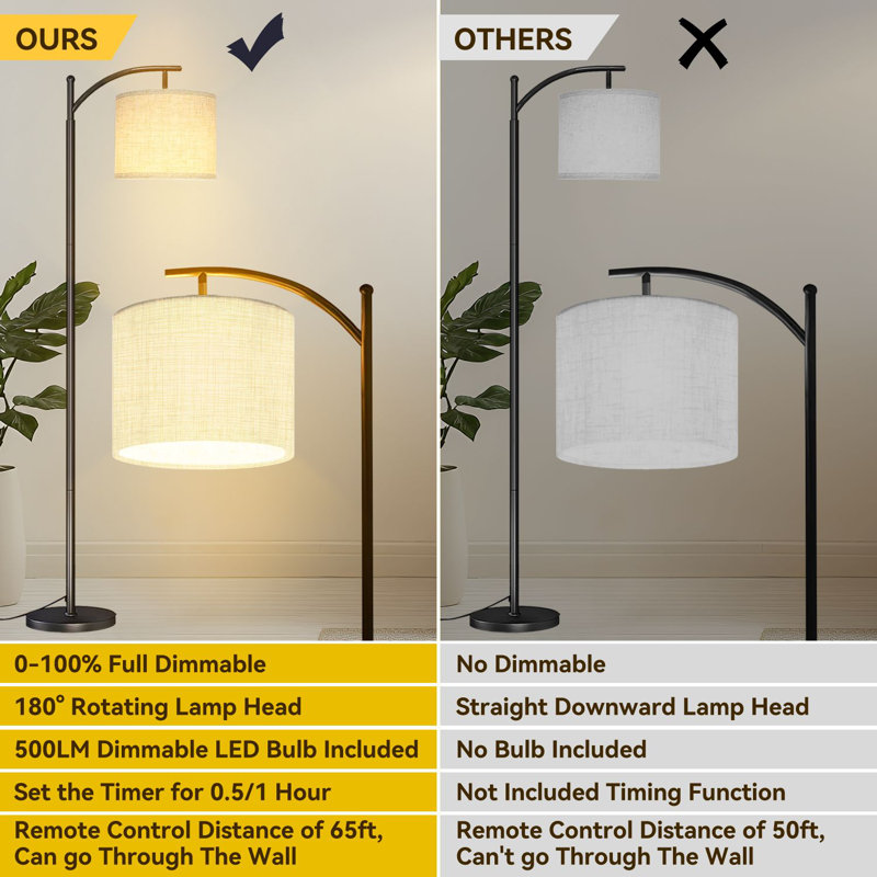 Arc Floor Lamp brown colored seamless linen texture fabric Floor Lamps with Remote LED Lights Adjustable Lamp Shades Tall Standing Lamps for Reading Office Living Room