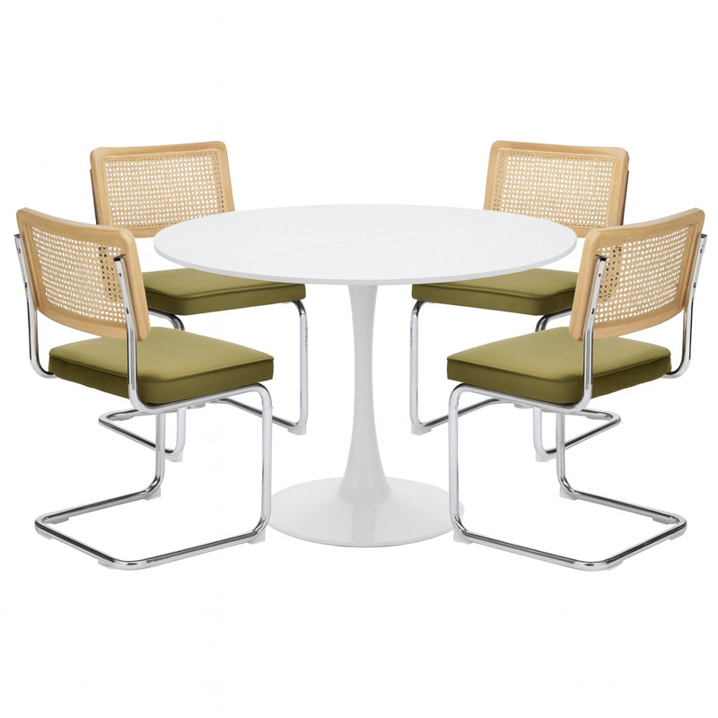 Rattan 4-piece Dining Set With 42" Round Table And Bow Back Chairs, Olive Green/Natural Wood