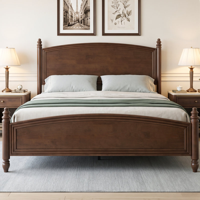 Lit à baldaquin traditionnel Legacy Queen Size en bois massif avec tête de lit à panneaux arqués et pieds tournés, fini noyer foncé