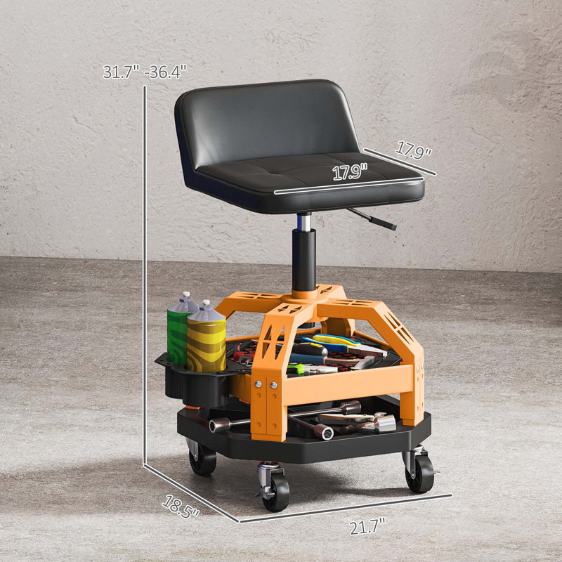 Capacity Mechanic Stool,Rolling Creeper Garage Stool,Tool Tray, Adjustable Height, Yellow