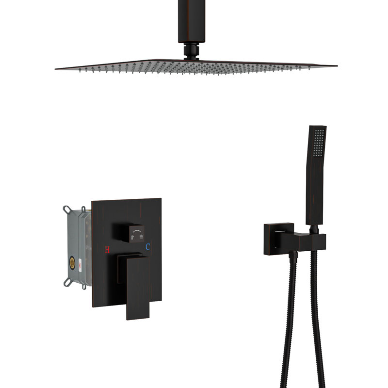 Douche à double fixation au plafond carrée en bronze huilé huilé avec soupape équilibrée, débit d'eau réglable et fonction de fixation facile par la buse en forme, finition, jet de pluie, 360