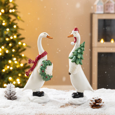 9.75" H Christmas Resin Geese Table Decor with Wreath & Tree 