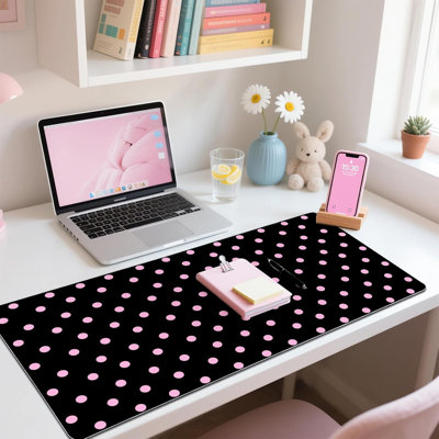 Cute Pink Polka Dot Black Extended Gaming Keyboard Mouse Pad, Non-Slip Leather Home Office Desk Mat Protector, Large Laptop Desk Pad Writing Pad 35.47" x 15.7"