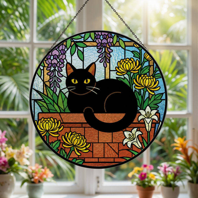 7.8"H Black Cat Stained Glass Window Panel, 7.8" H x 7.8" W