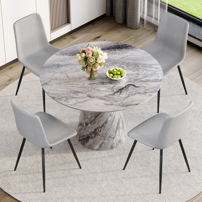 45'' Round Dining Table Set With 4/6 Upholstered Chairs, 5 Pieces: Table, 4 Chairs