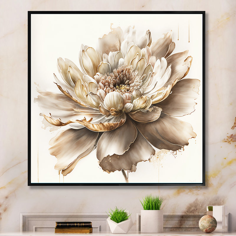 Fleur beige simple I - art mural floral, H 36 po x l 36 po x P 1,5 po, Cadre flottant noir