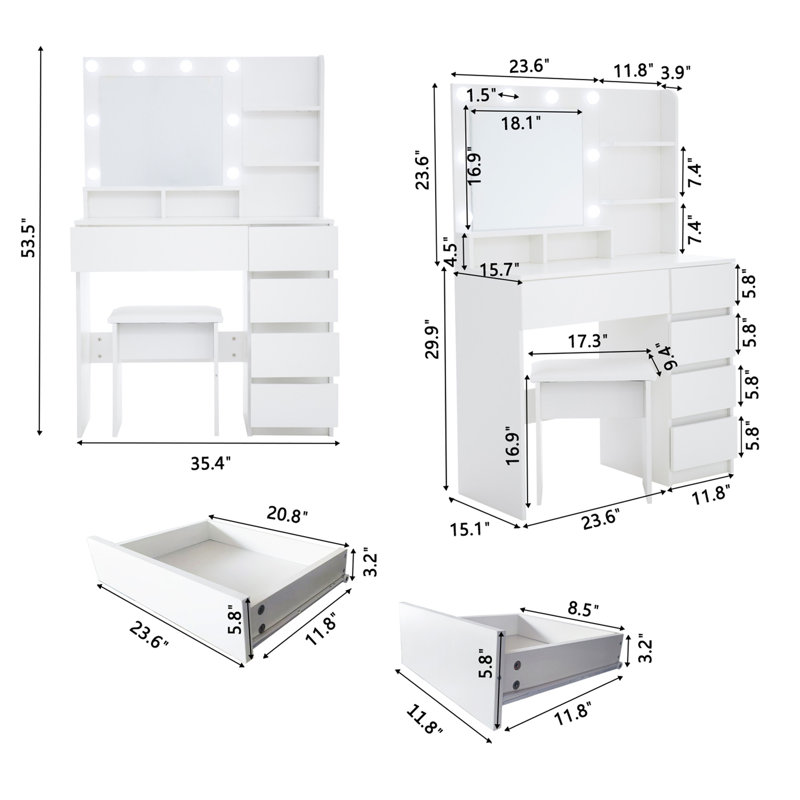 Coiffeuse, ensemble de coiffeuse avec miroir et lumière, beaucoup de rangement pour coiffeuse, 3 modes d'éclairage avec luminosité réglable, blanc avec tabouret