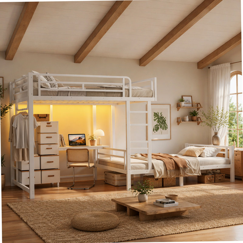 Lit double sur double avec 8 tiroirs de rangement, lit superposé intégré avec tablettes, lit superposé avec bureau d'étude, tringle à vêtements et clé USB amovible, cadre de lit en acier robuste pour enfants, adolescents, adultes, blanc