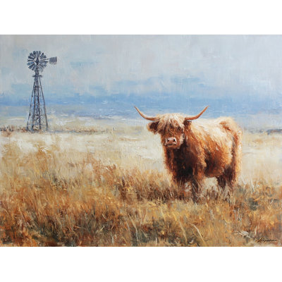 Highland Cow and Farm Windmill Wrapped Canvas Wall Art