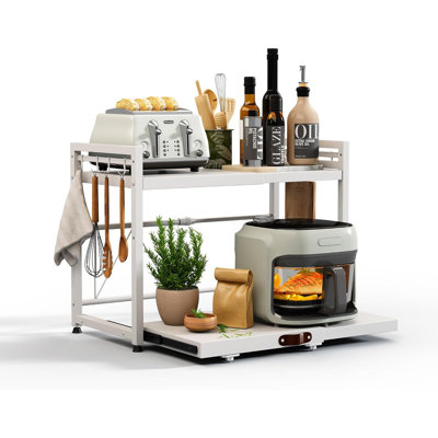 2 Tier Expandable Microwave Stand countertop, Pull-Out Microwave Shelf, storage shelves for pans &appliances,Adjustable partition height, Black