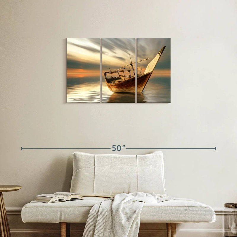 Bateau Mehar au coucher du soleil, H 20 po x l 33 po