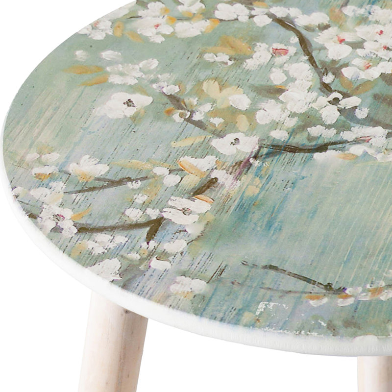 Ensemble de 2 tables d'appoint inspirées par la nature - Plateaux peints en blanc et bleu à motifs de fleurs de cerisier, pour salon, chambre, entrée. Plateaux décoratifs bleus.