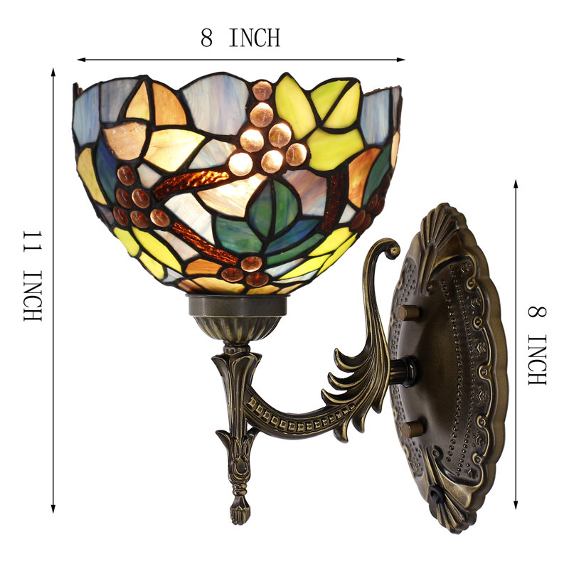 Tiffany Wall Sconce Lamp Stained Glass 8X10.5X11 Inch Plug in Wall Bedside Light for Hallway Bedroom (Amber Grape Style)
