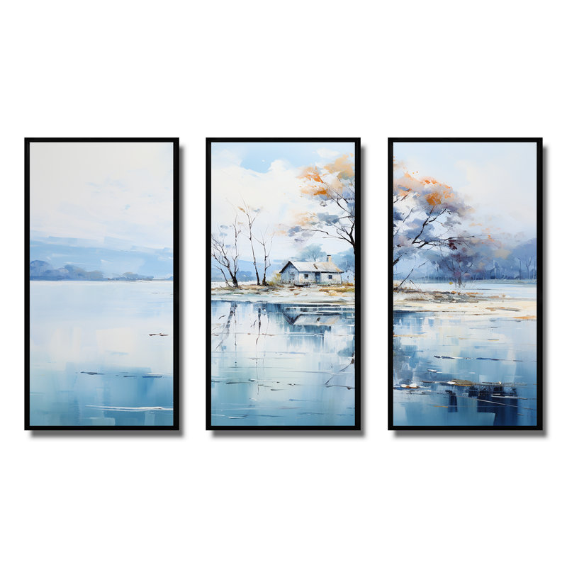 «Minimalisme» Lakefront Cottage Oasis 4 - Paysage, art mural sur toile tendue, Cadre flottant noir