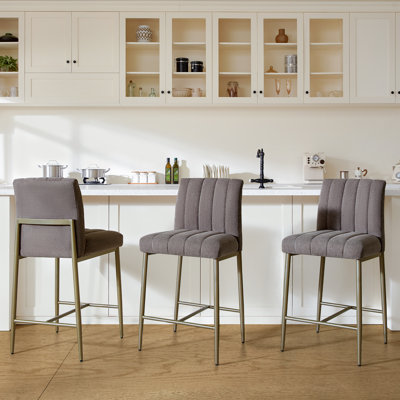 Comfortable Bar Stools Set of 3, 26” Thick Upholstered Counter Height Bar Stools with Back, Linen Counter Stools with Metal Legs for Kitchen Island, Grey