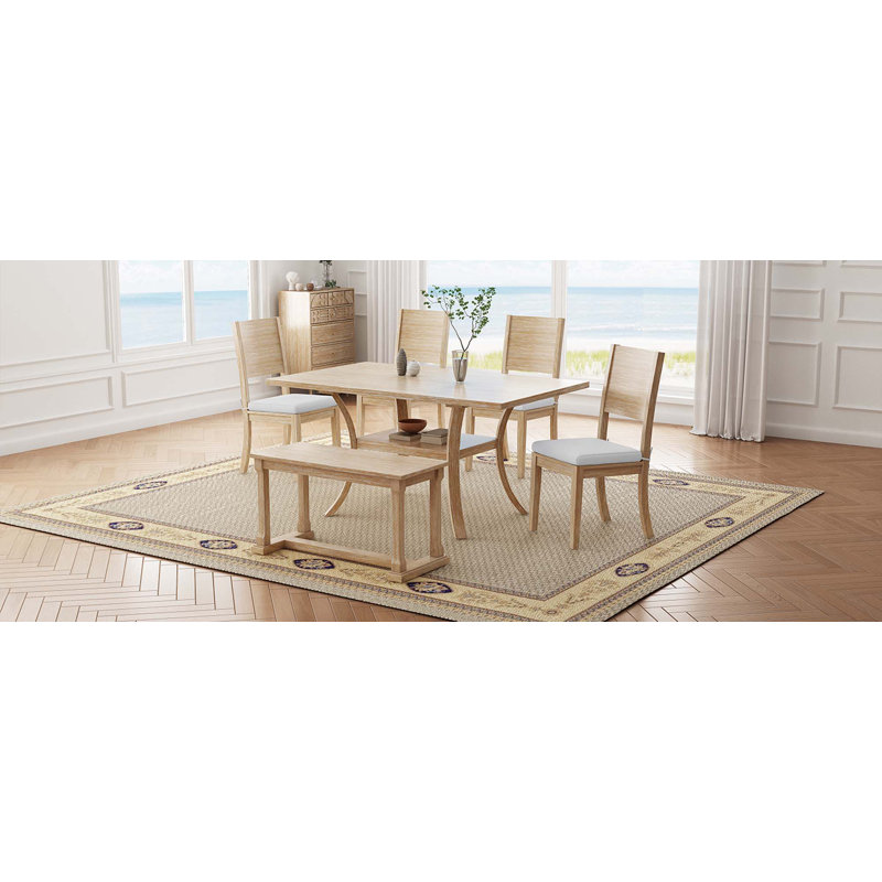 Table de salle à manger 6 pièces avec tablette de rangement, banc et 4 chaises, Naturel, Naturel