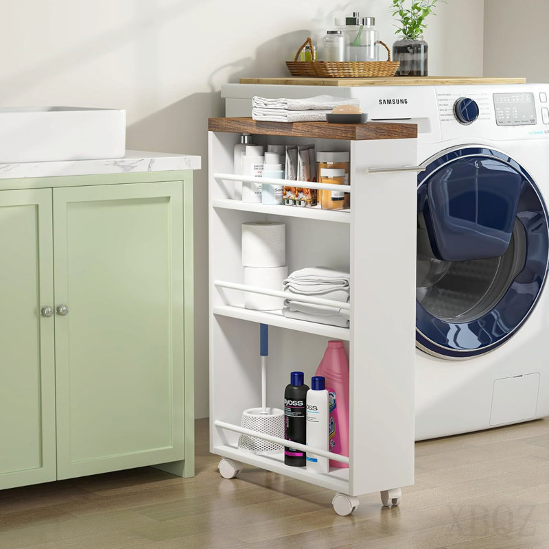 20" Slim Storage Cart – 4-Tier Narrow Rolling Kitchen Utility Cart with Wheels & Handle, Skinny Laundry Room Organizer, Slide Out Pantry Shelf for Small Spaces, Bathroom – Brown & White Finish