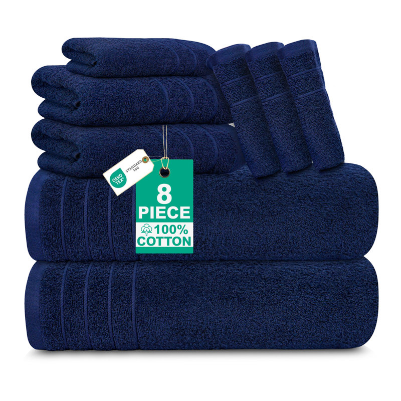 100% Cotton Midweight Mulit-Size Set, 8 Piece Towel Set, Navy