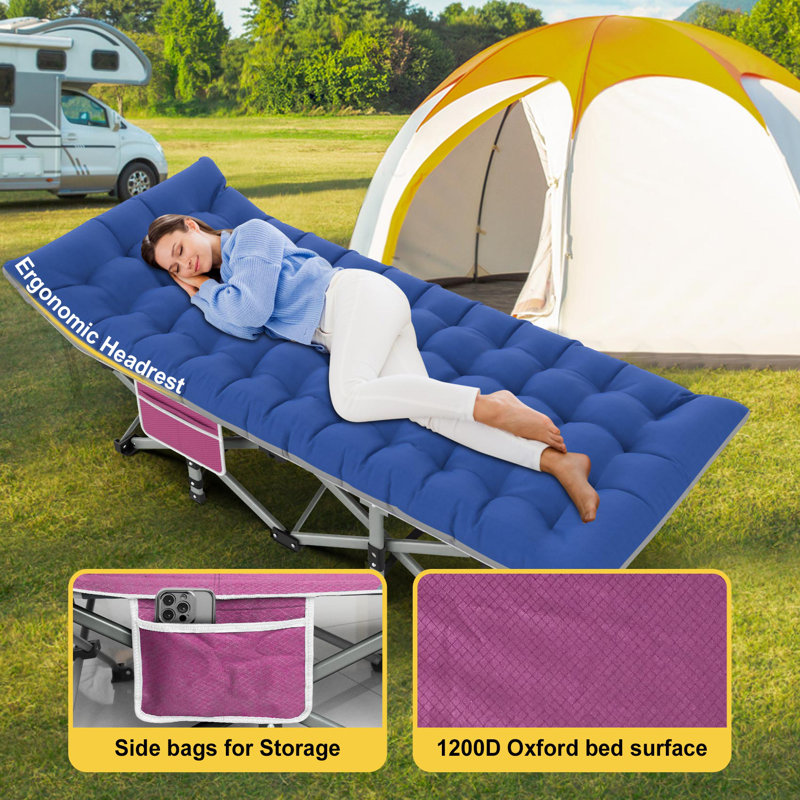 Blue and Red Folding Camping Cot with Mattress and Carry Bag