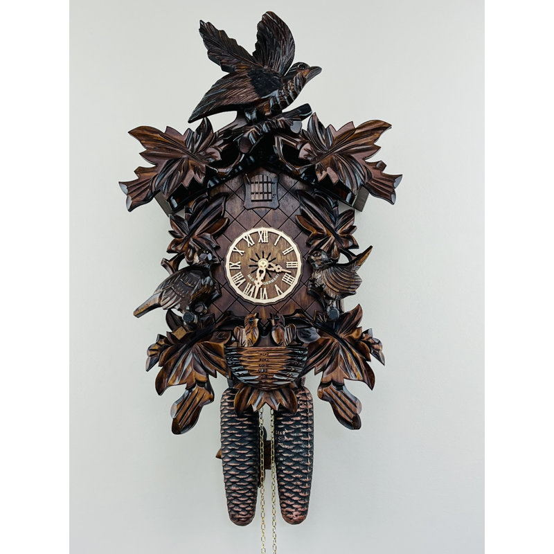  Eight Day Cuckoo Clock – 17 in Height – Hand-Carved Leaves, Birds & Bird Nest