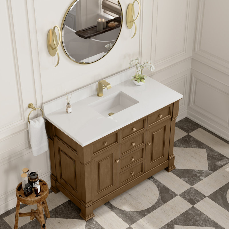 Brookfield 48'' W Single Vanity, Single Hole, White Zeus, Honey Oak