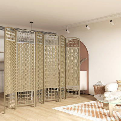 6 Panel Privacy Screen, Folding Room Divider 5.6', Wave Fiber Partition Wall, Natural Wood Sparkle For Living Room, Bedroom, Workspace Divider, Screen