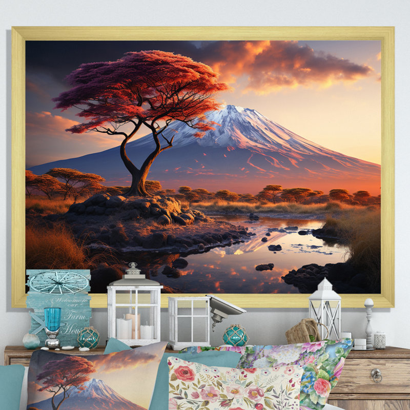 Paysage africain, mont Kilimandjaro II, sur toile, H 24 po x l 32 po x P 1 po, Encadrement doré