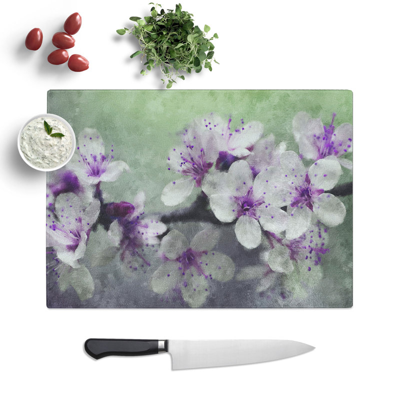 White and Purple Blossoms Painting Chopping Board, 0.4cm H x 28.5cm W x 39cm L