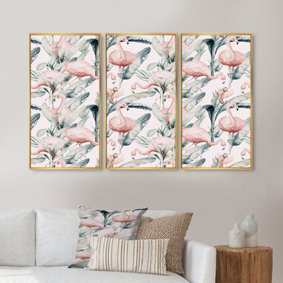 Feuilles tropicales avec flamant rose - impression sur toile flottante 3 pièces