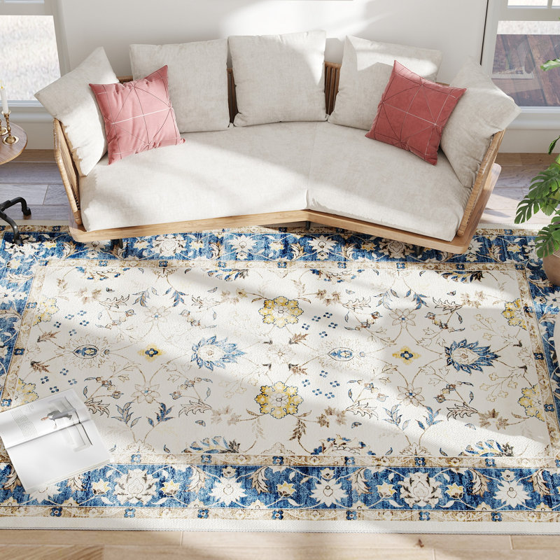 Tapis surdimensionné en flanelle de vigne florale bohémienne - bleu, confortable sous les pieds, charme bohème pour les salons / chambres à coucher
