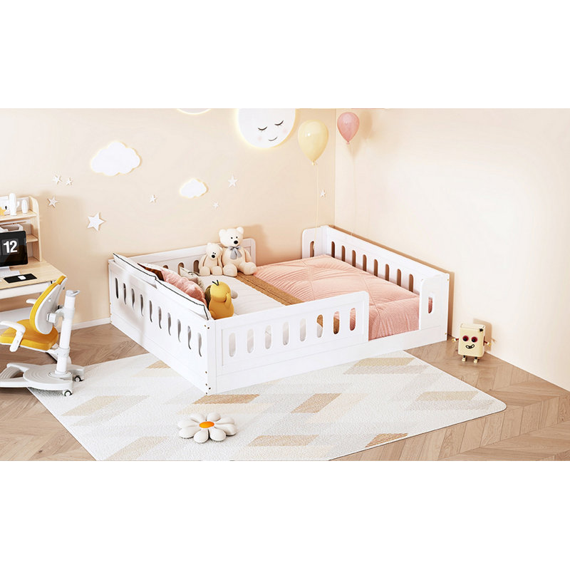 Lit plateforme en bois pleine grandeur avec garde-corps, blanc, White