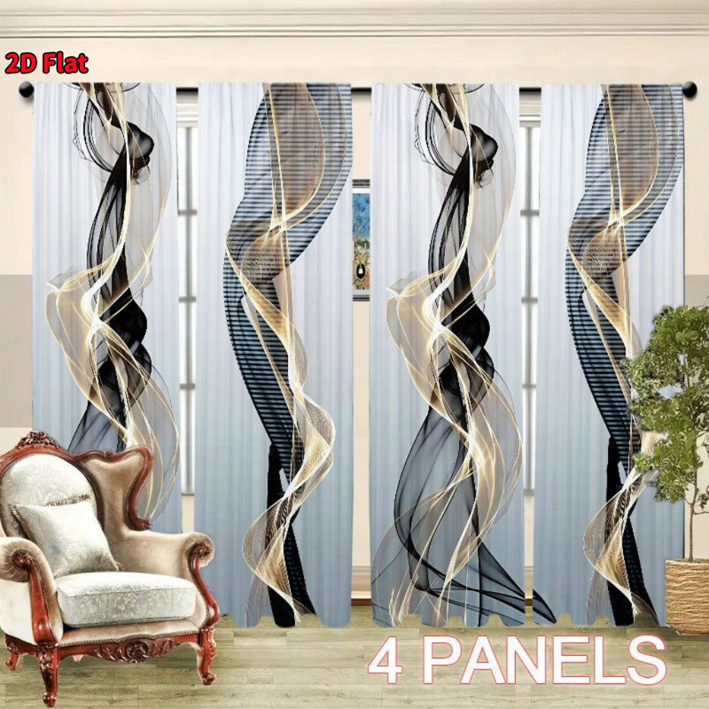 4Pcs Modern Minimalist Abstract Black Gold Swirl Pattern Digital Printing Curtains with Rod Pocket, Suitable for Living Room, Bedroom, Dining, Hotel, Home Decor, Privacy Protection, Darkening, Window Drapes