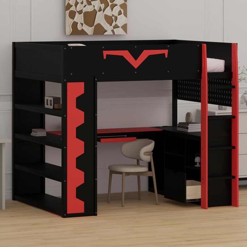 Pro-Gamer Loft Bed Featuring Integrated Workspace, Customizable LED Lights, Power Hub, Bookshelf, Pegboard And Storage Solutions
