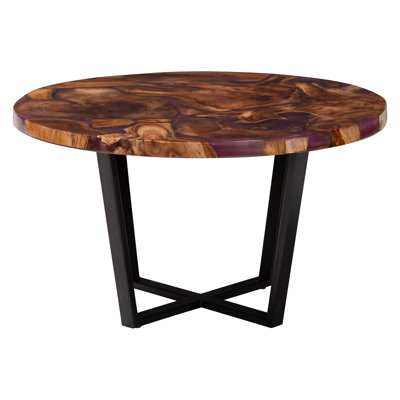 Bali & Pari Apio Round Wood Epoxy Resin Coffee Table - Handcrafted Live Edge Teak Wood Accent Table With Black Metal Base, Modern Rustic Centerpiece
