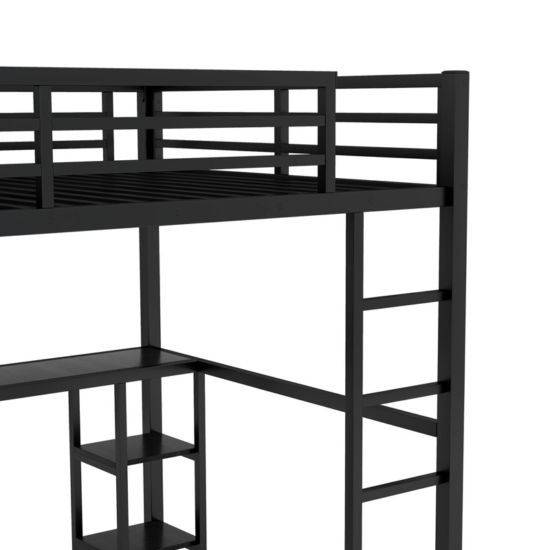 Queen size metal loft bed frame with built-in wardrobe, desk, and storage shelves, space-saving design, black
