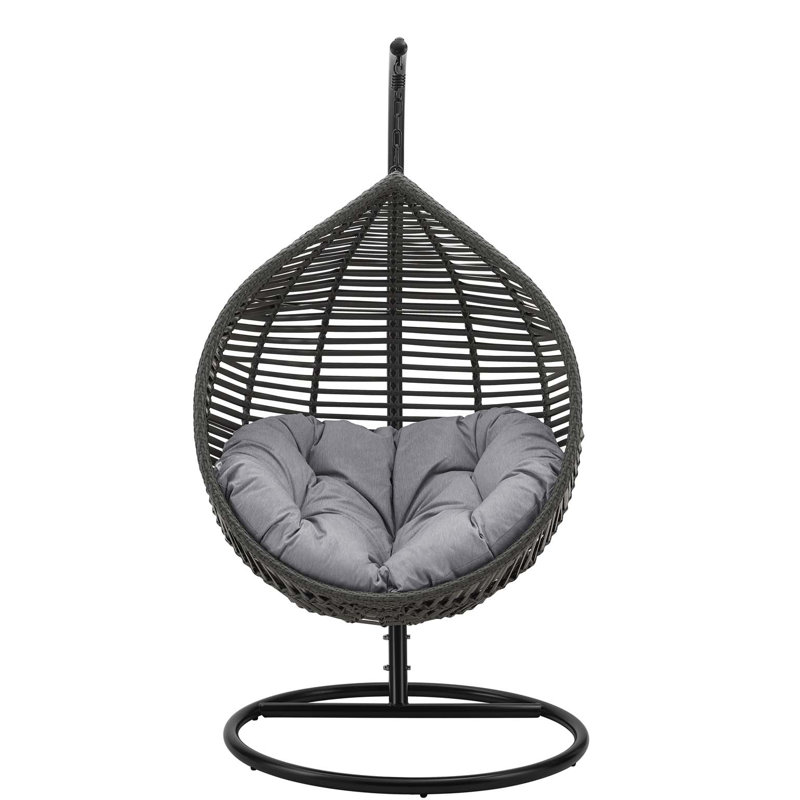 Gray Wicker Teardrop Hanging Chair with Cushions