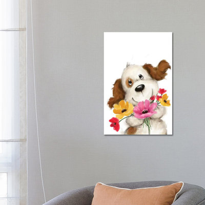 Dog With Flowers II by MAKIKO - Wrapped Canvas Print