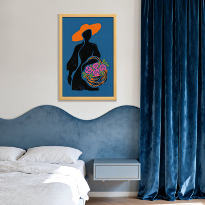 Abstract Silhouette Woman Orange Hat Pink Roses Basket Blue Background